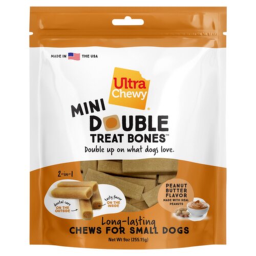 Ultra Chewy Double Treat Bones Mini Peanut Butter Flavor Long-Lasting Chews for Small Dogs, 9 oz