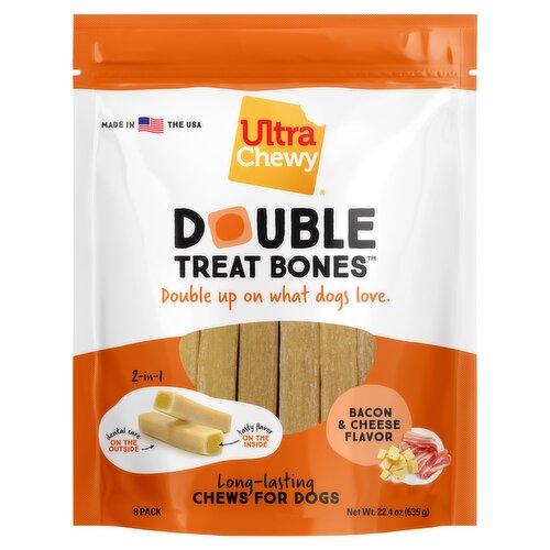 Ultra Chewy Double Treat Bones Bacon & Cheese Flavor Long-Lasting Chews for Dogs, 22.4 oz
