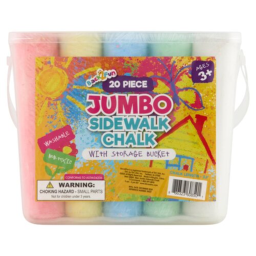 Back2Fun Jumbo Sidewalk Chalk with Storage Bucket, Ages 3+, 20 Count