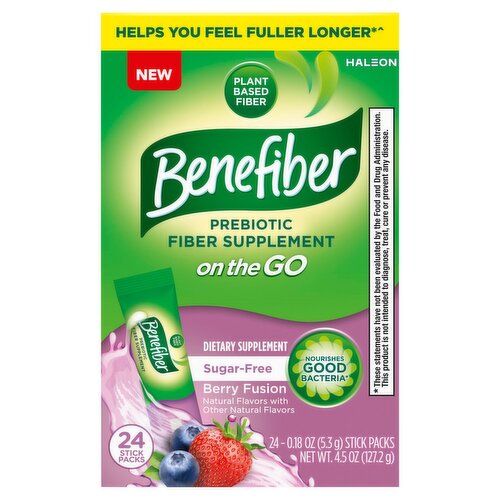 Benefiber On the Go Sugar free Prebiotic Fiber Berry Fusion Dietary Supplement, 0.18 oz, 24 count