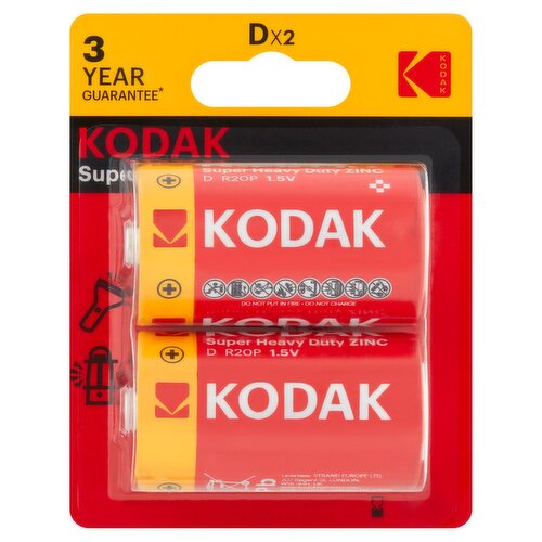 Kodak Super Heavy Duty 1.5V D Zinc Batteries, 2 count