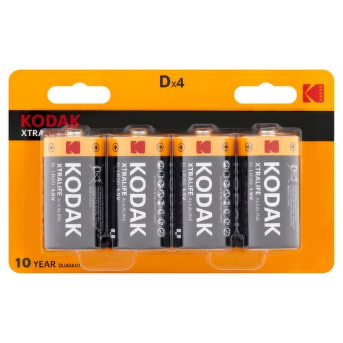 Kodak Xtralife Alkaline 1.5V D Batteries, 4 count