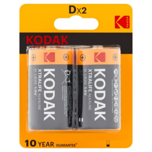 Kodak Xtralife Alkaline 1.5V D Batteries, 2 count