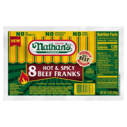 Nathan's Famous Hot & Spicy Beef Franks, 8 count, 12 oz