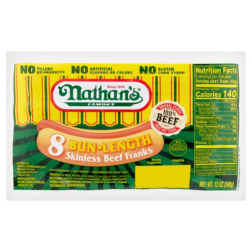 Nathan's Famous Bun-Length Skinless Beef Franks, 8 count, 12 oz