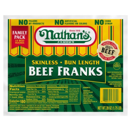 Nathan's Famous Skinless Bun Length Beef Franks Family Pack, 16 count, 32 oz