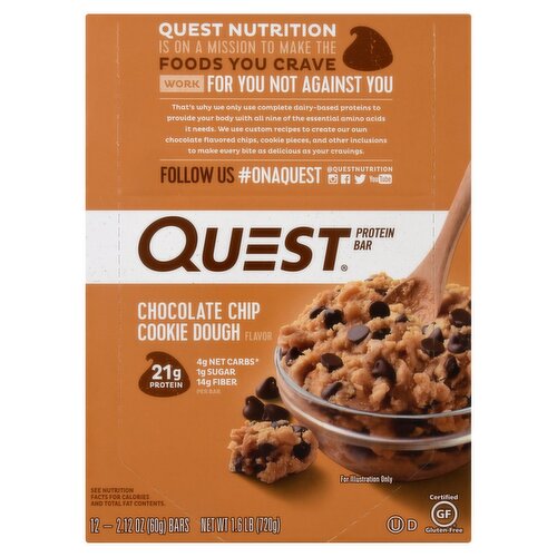 QUEST Chocolate Chip Cookie Dough Flavor Protein Bar, 2.12 oz, 12 count