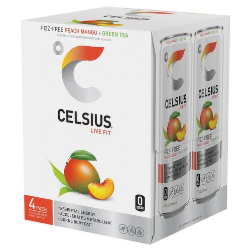 Celsius Live Fit Non-Carbonated Peach Mango + Green Tea Energy Drink, 12 fl oz, 4 count