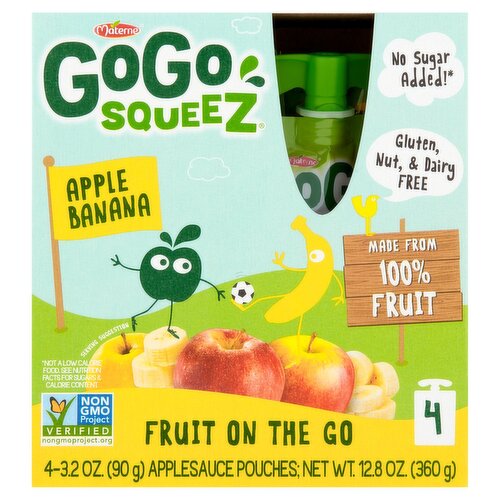 GoGo squeeZ No Sugar Added Apple Banana Applesauce and Fruit Puree Pouches, 3.2 oz (4 Pack)