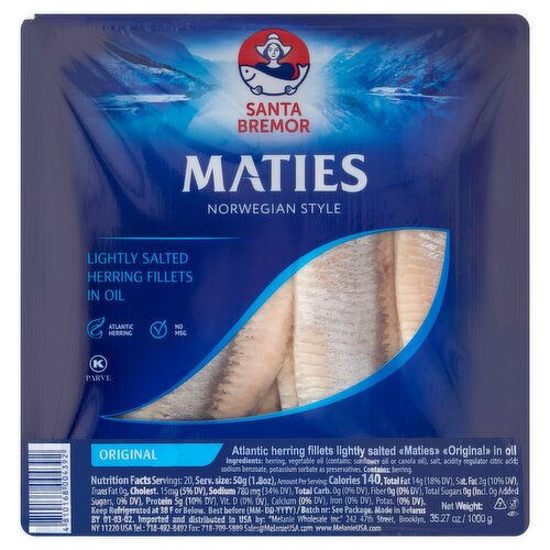 Santa Bremor Maties Norwegian Style Original Lightly Salted Herring Fillets in Oil, 35.27 oz
