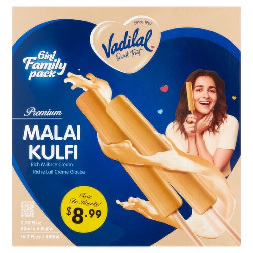 Vadilal Premium Malai Kulfi Rich Milk Ice Cream Family Pack, 2.70 fl oz, 6 count