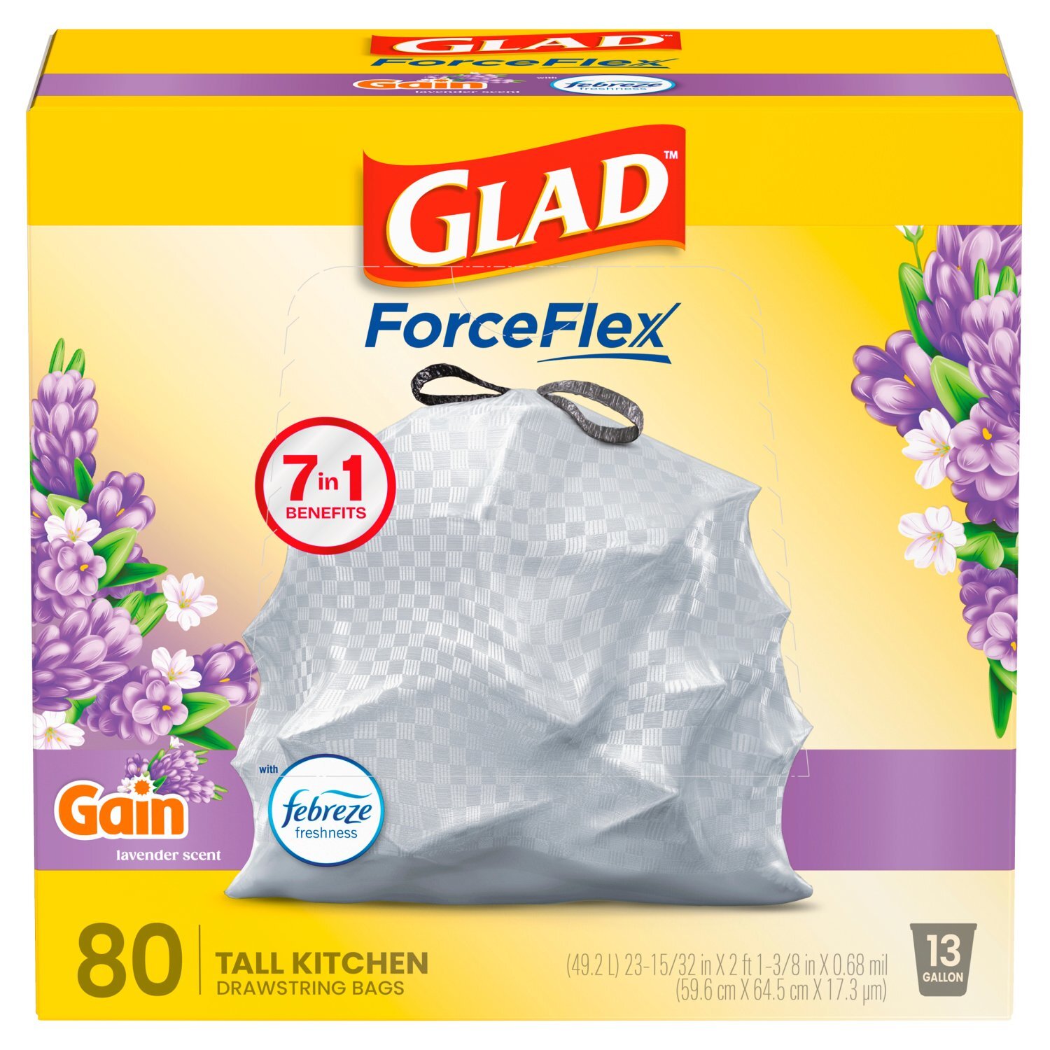 Glad ForceFlex Tall Kitchen Drawstring Trash Bags, 13 Gallon, Gain