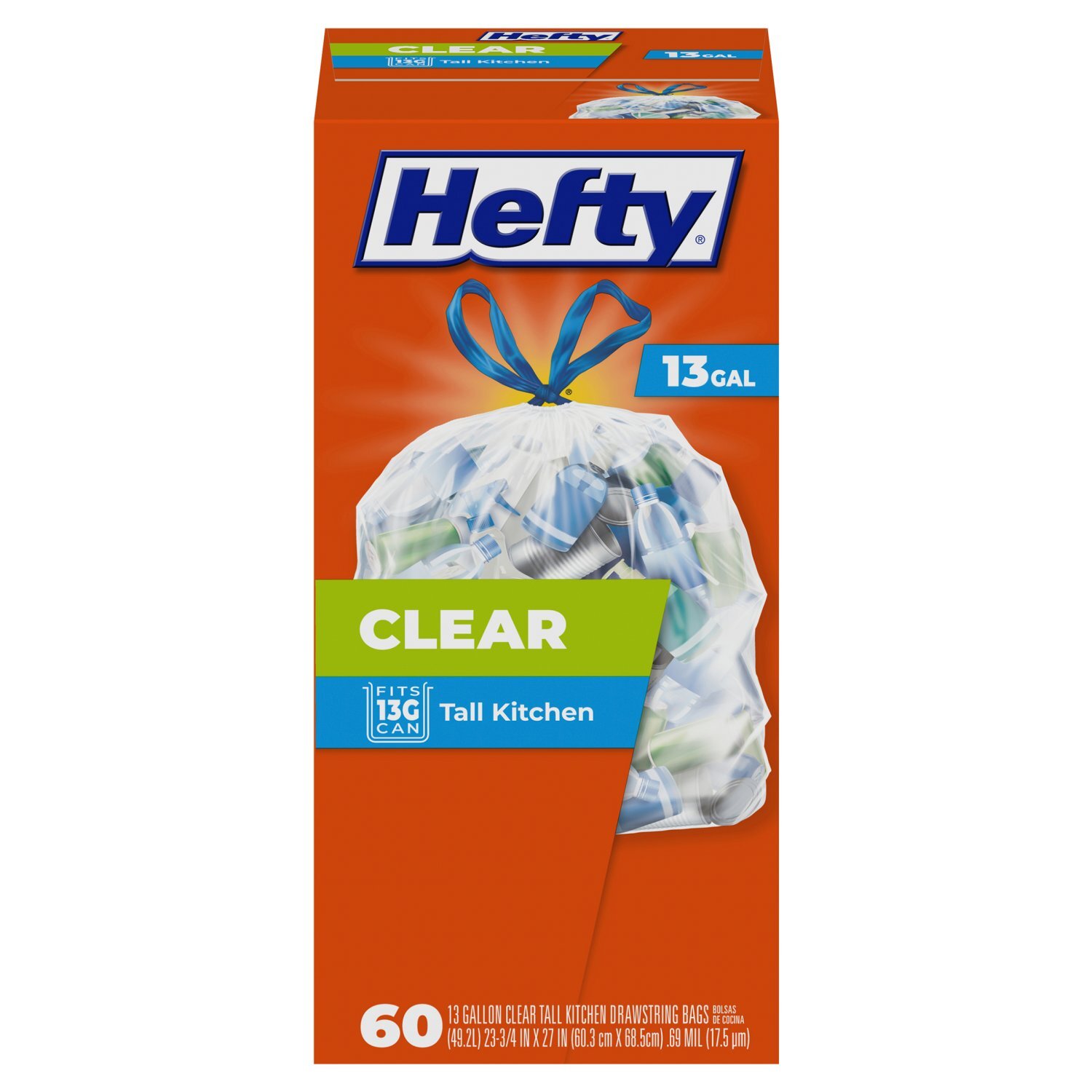 Hefty 13 Gallon Clear Tall Kitchen Drawstring Bags, 60 count - Fairway