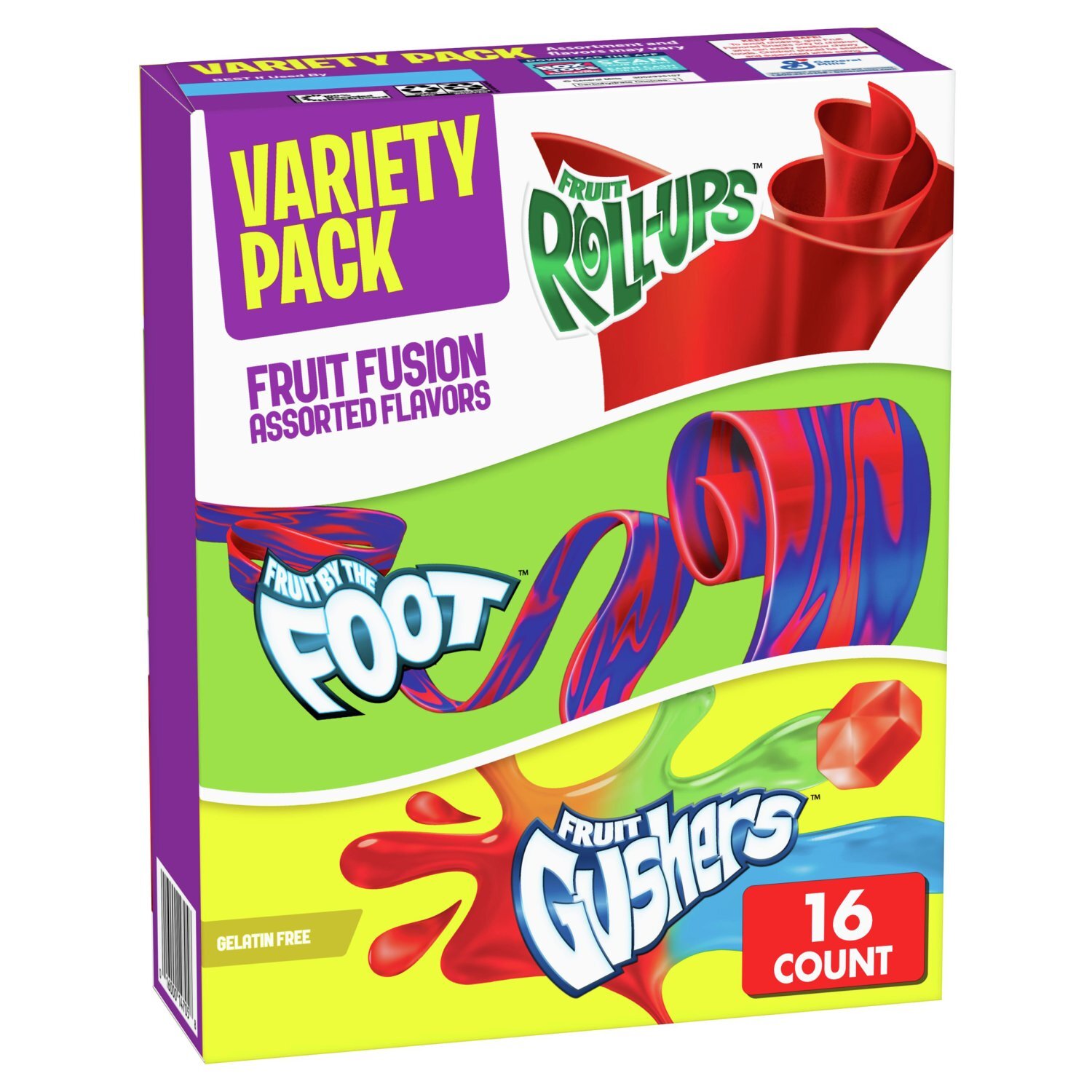 Fruit Roll-Ups, Fruit by the Foot, Fruit Gushers Fruit Fusion Snacks Variety Pack, 16 count, 10.2 oz Image 1 of 7
