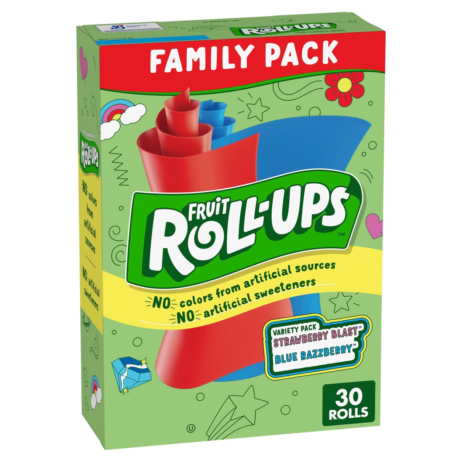 Fruit Roll-Ups Strawberry Blast Blue Razzberry Fruit Flavored Snacks Family Pack, 0.5 oz, 30 count Image 1 of 10
