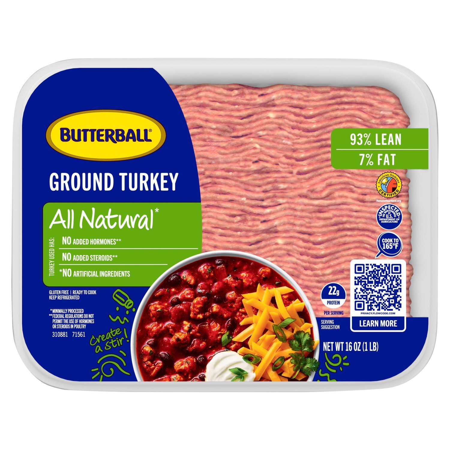 Butterball 93% Lean 7% Fat Ground Turkey, 16 oz Image 1 of 8