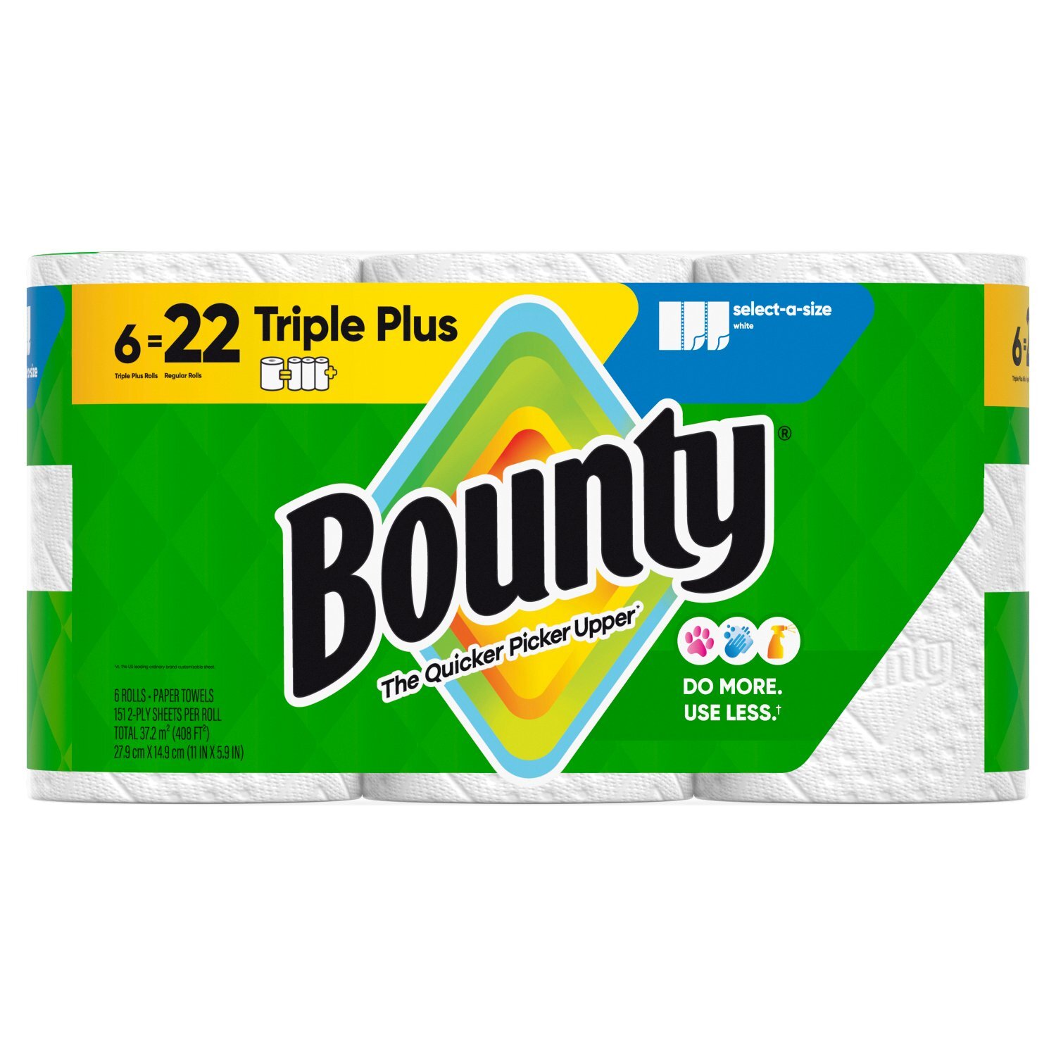 Bounty Paper Towels Select-A-Size White, 6 Triple Plus Rolls, 151