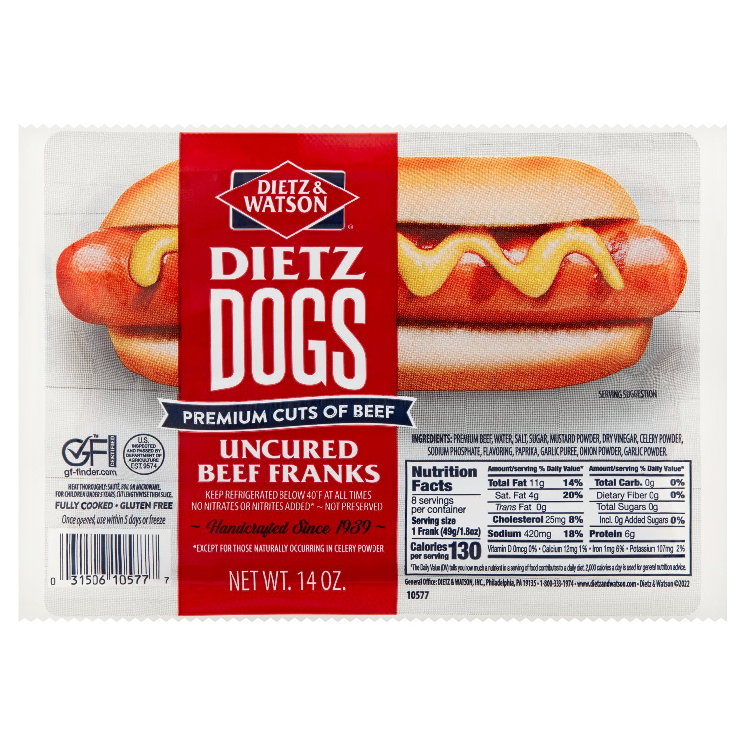 Dietz & Watson Dietz Dogs Uncured Beef Franks, 14 oz - The Fresh