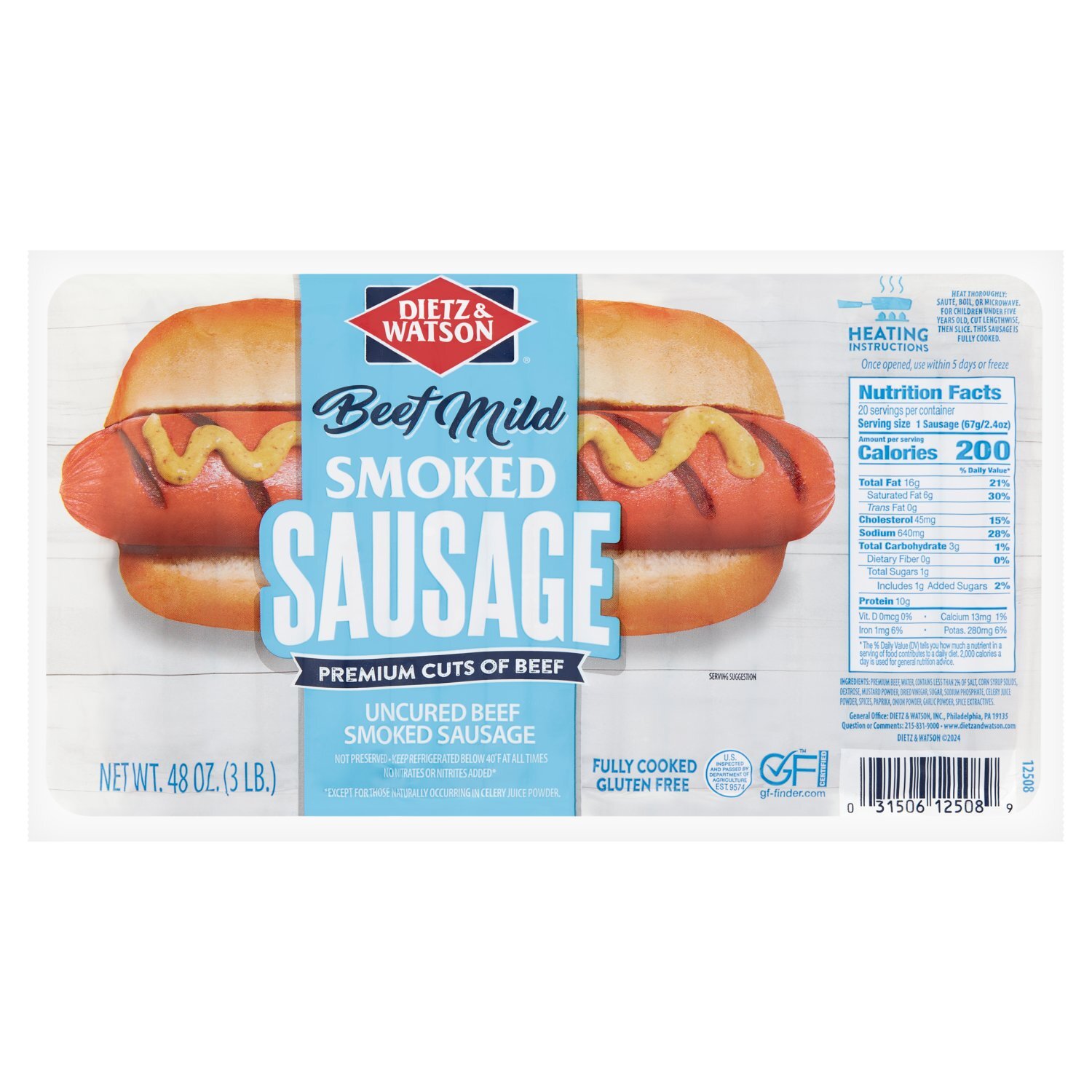 Dietz & Watson Beef Mild Uncured Beef Smoked Sausage, 48 oz - The