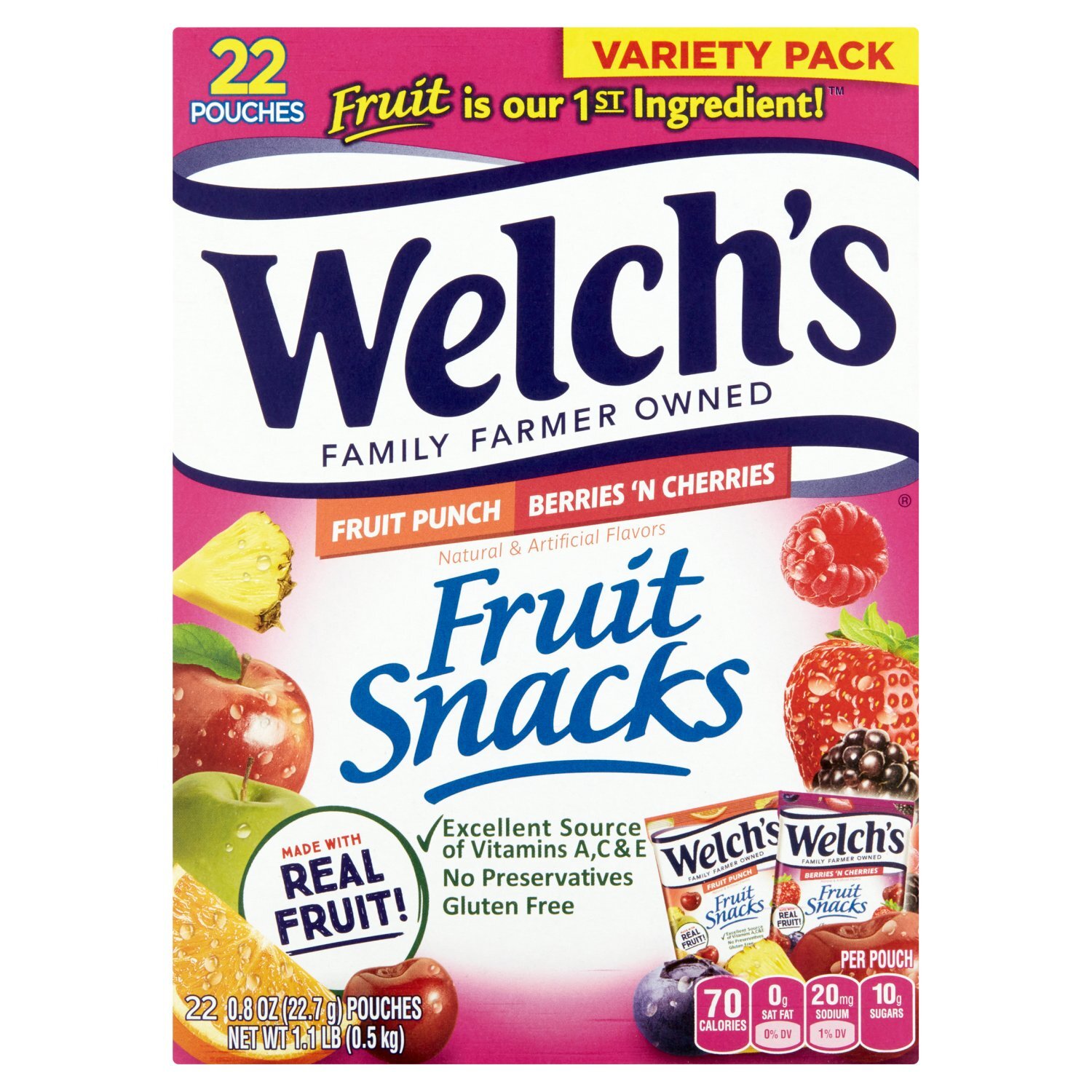 Welch's Fruit Punch & Berries 'n Cherries Fruit Snacks Variety Pack, 0.8 oz, 22 count Image 1 of 5
