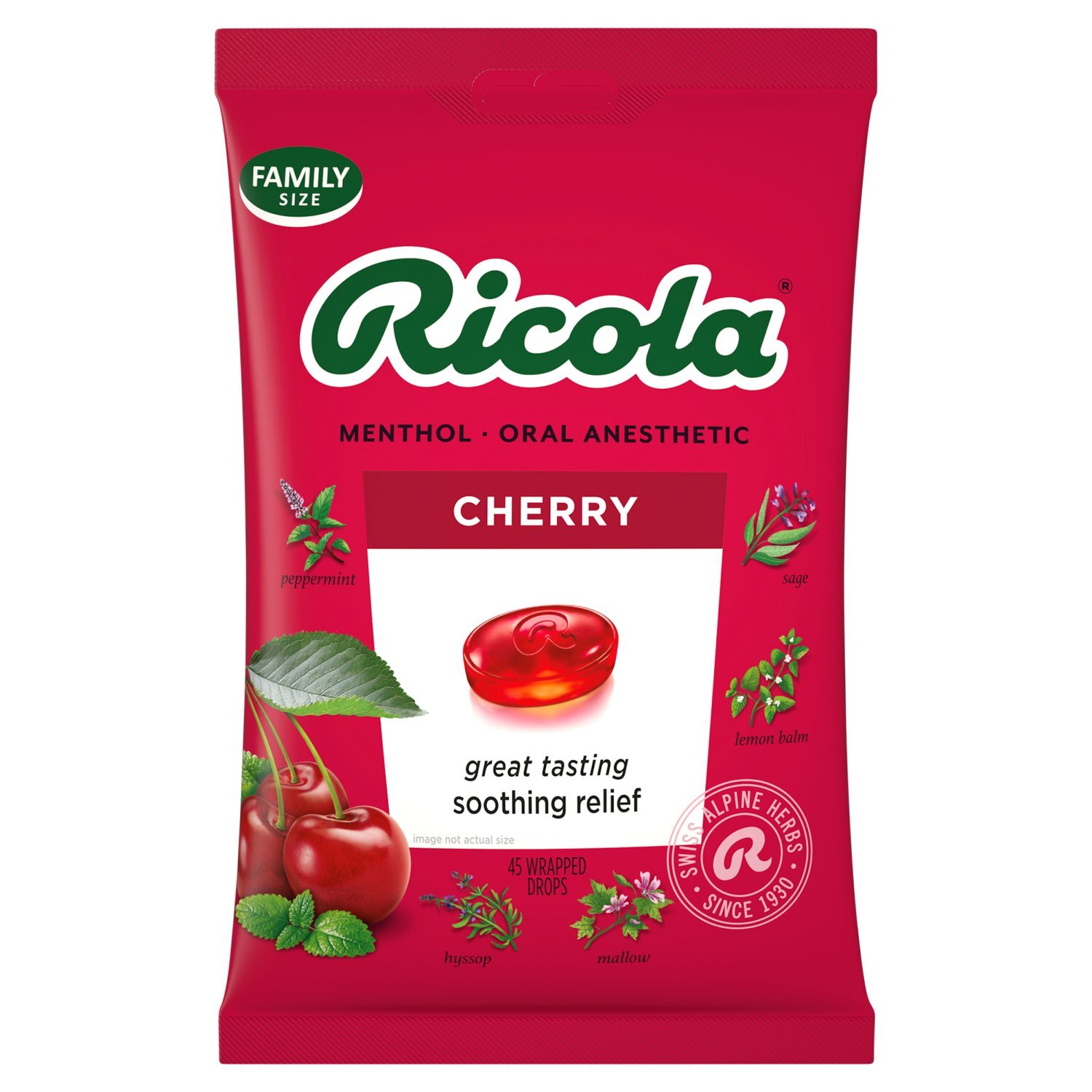 Ricola Cherry Menthol Oral Anesthetic Drops Family Size, 45 count