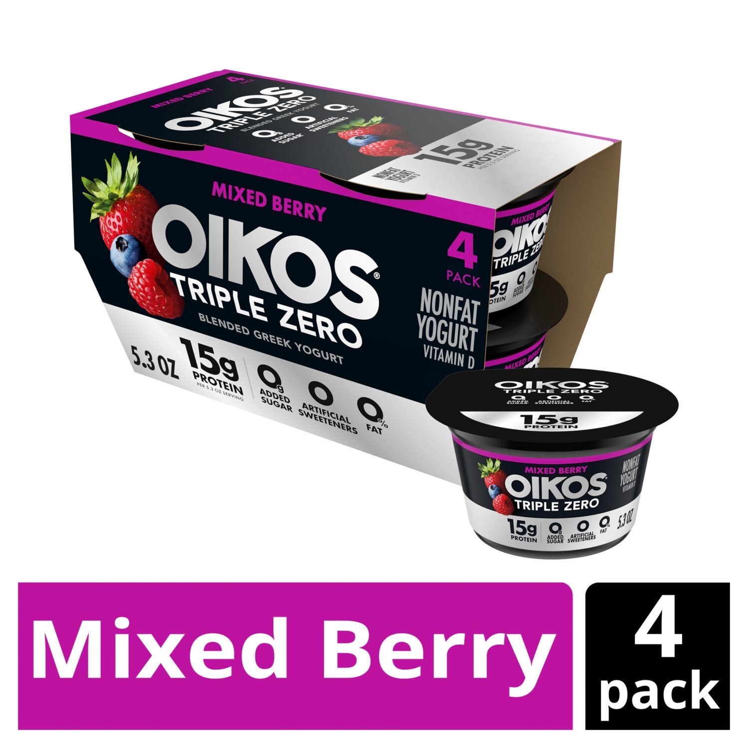 Oikos Triple Zero Mixed Berry Flavored Blended Greek Nonfat Yogurt