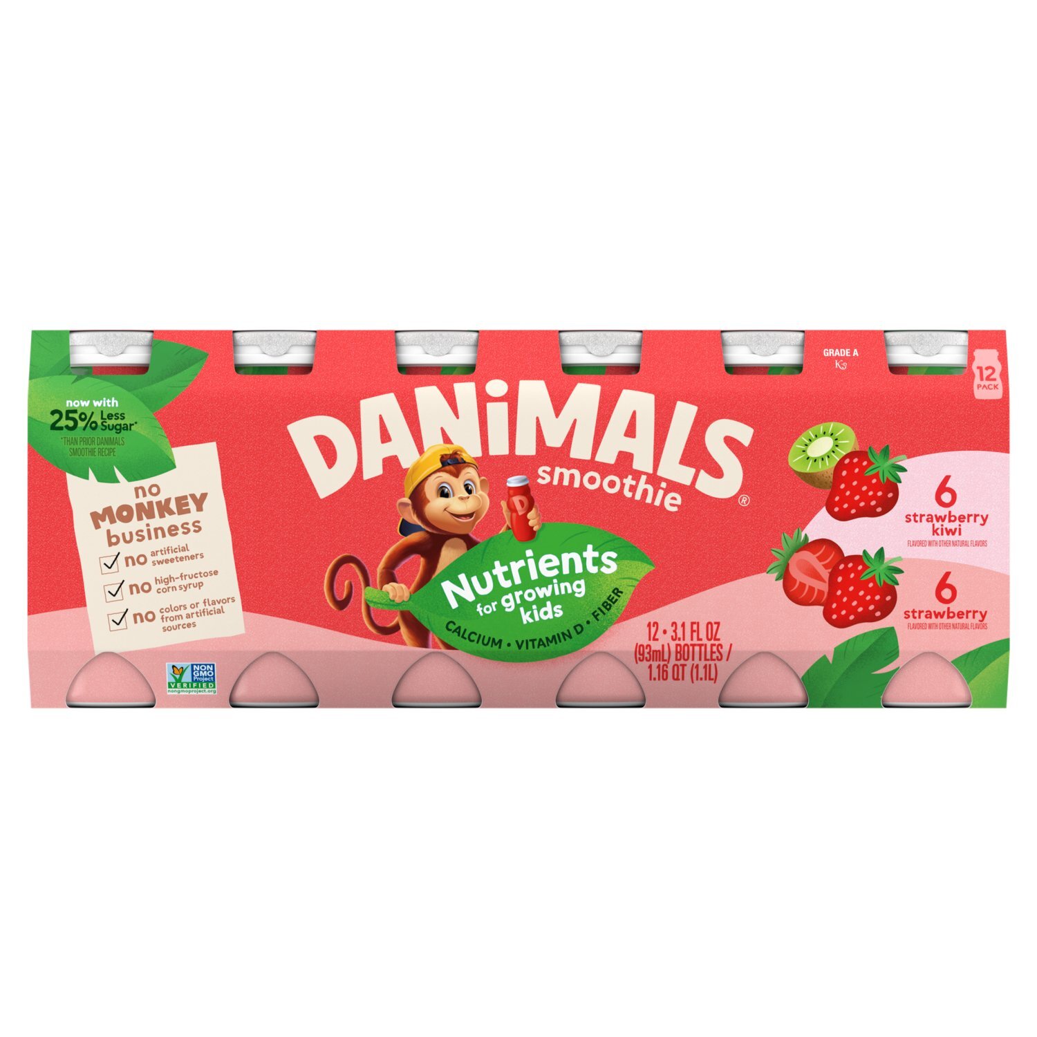 Danimals Strawberry and Strawberry Kiwi Smoothie, 3.1 fl oz, 12