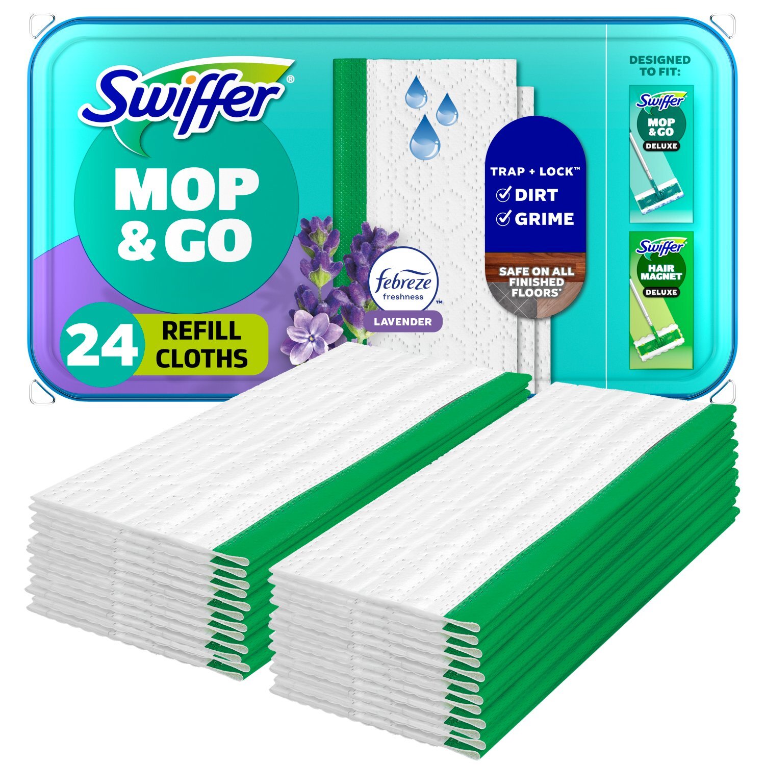 Swiffer Mop & Go, Wet Pads Refill, Floor Cleaner, Cleaning Cloths, Lavender, 24ct Image 1 of 11