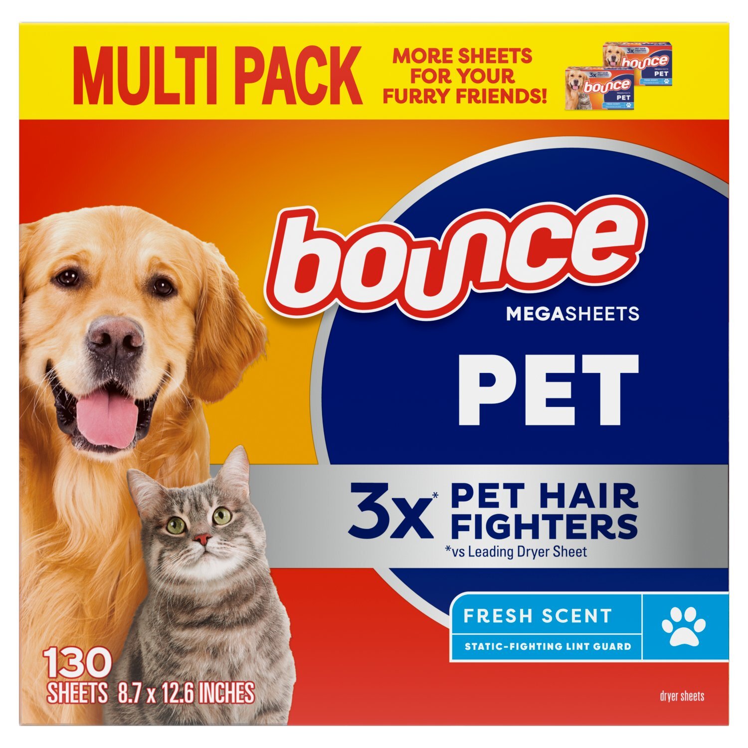 Bounce Pet Hair and Lint Guard Mega Dryer Sheets, 130 Count, Fresh