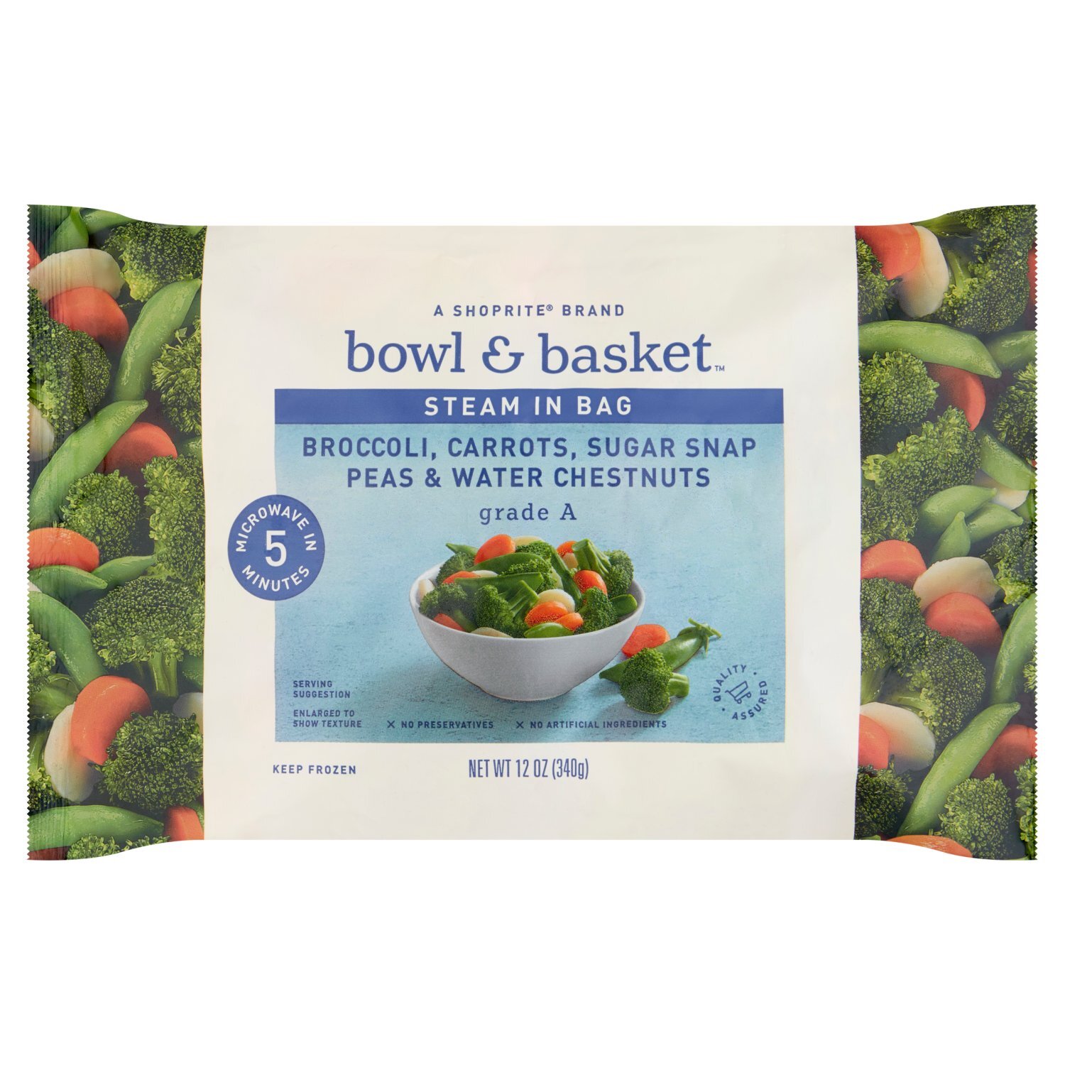 Bowl & Basket Steam in Bag Broccoli, Carrots, Sugar Snap Peas & Water Chestnuts, 12 oz Image 1 of 5