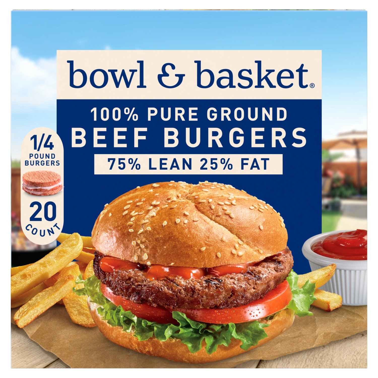 Bowl & Basket 75% Lean 25% Fat Beef Burgers, 1/4 pound, 20 count Image 1 of 3