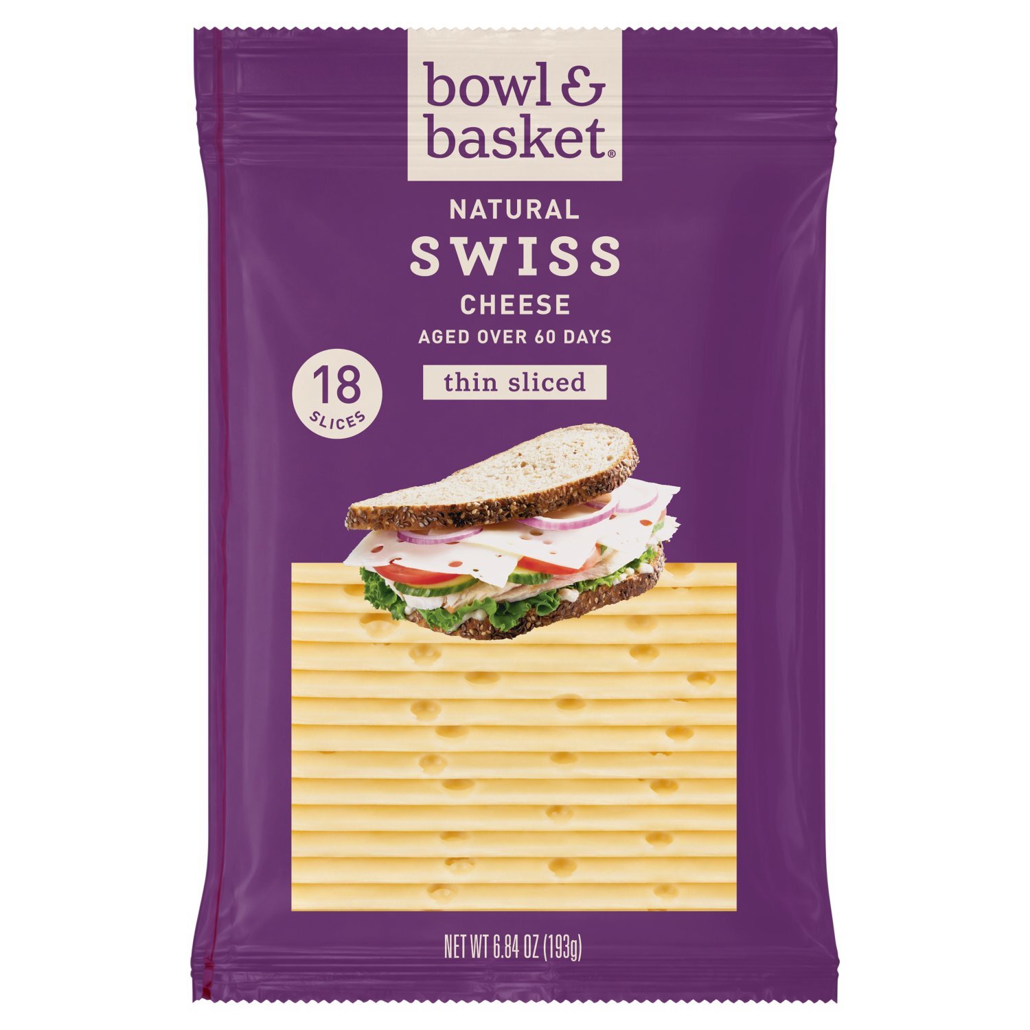 Bowl & Basket Thin Sliced Swiss Natural Cheese, 18 count, 6.84 oz Image 1 of 5