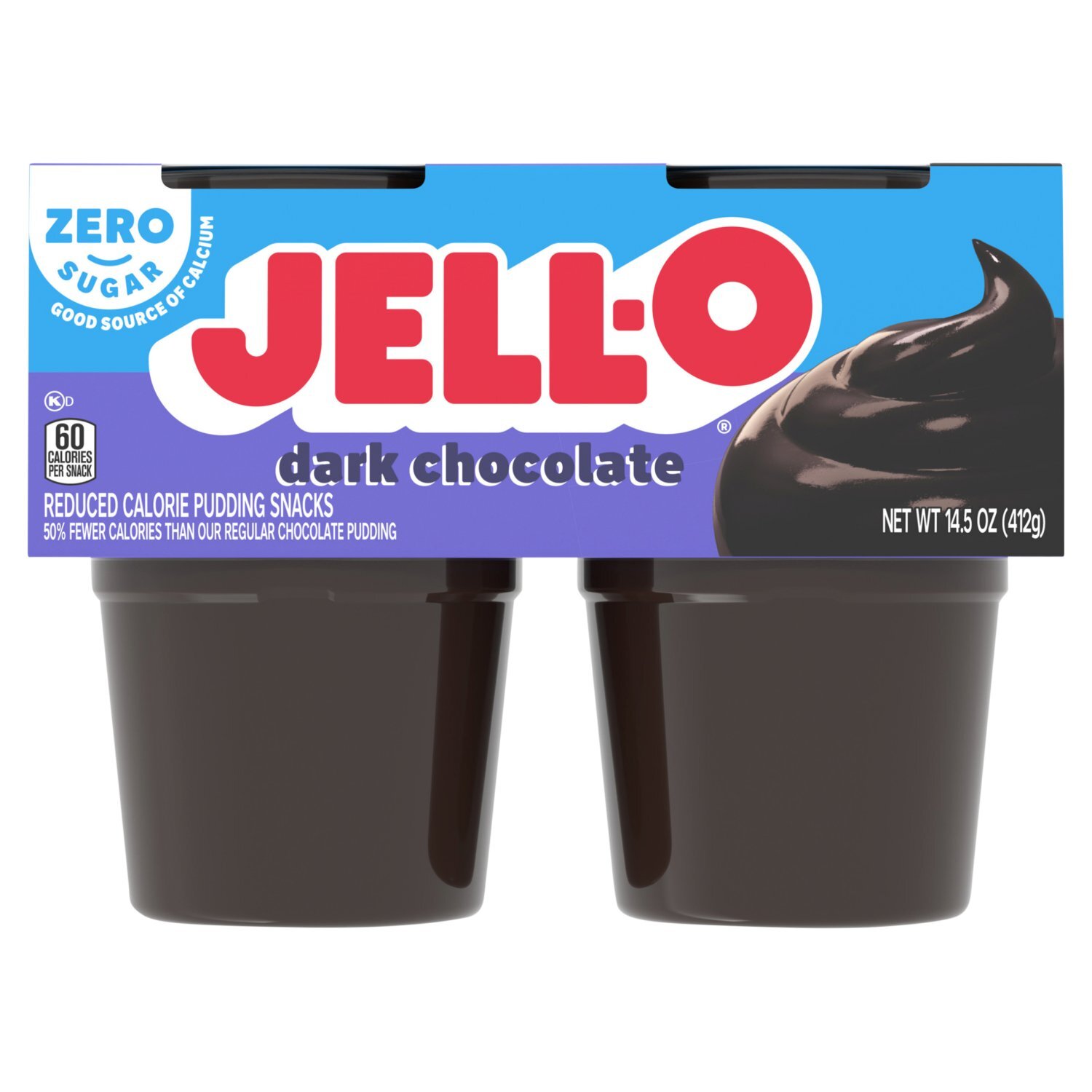 Jell-O Dark Chocolate Zero Sugar Reduced Calorie Pudding Snacks, 2