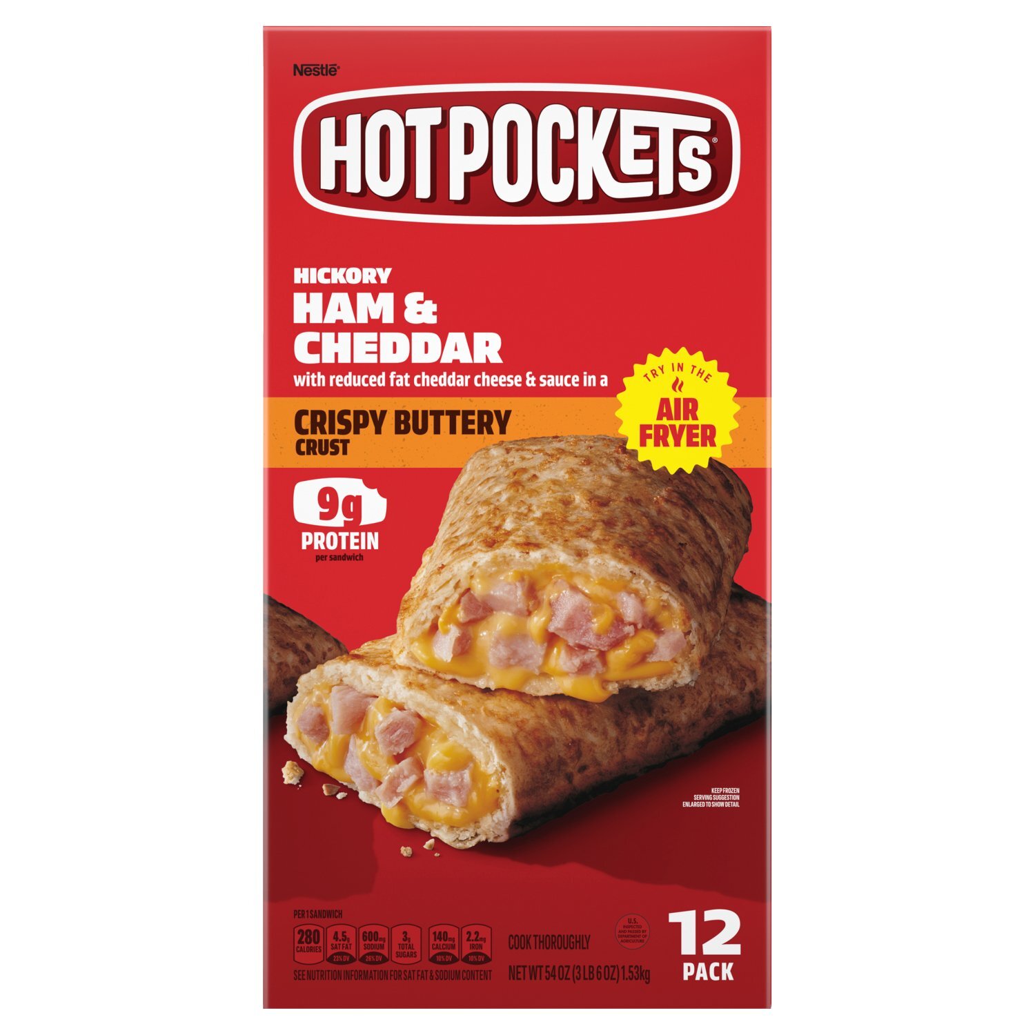 Hot Pockets Hickory Ham & Cheddar Crispy Buttery Crust Sandwiches, 12 count, 54 oz Image 1 of 8