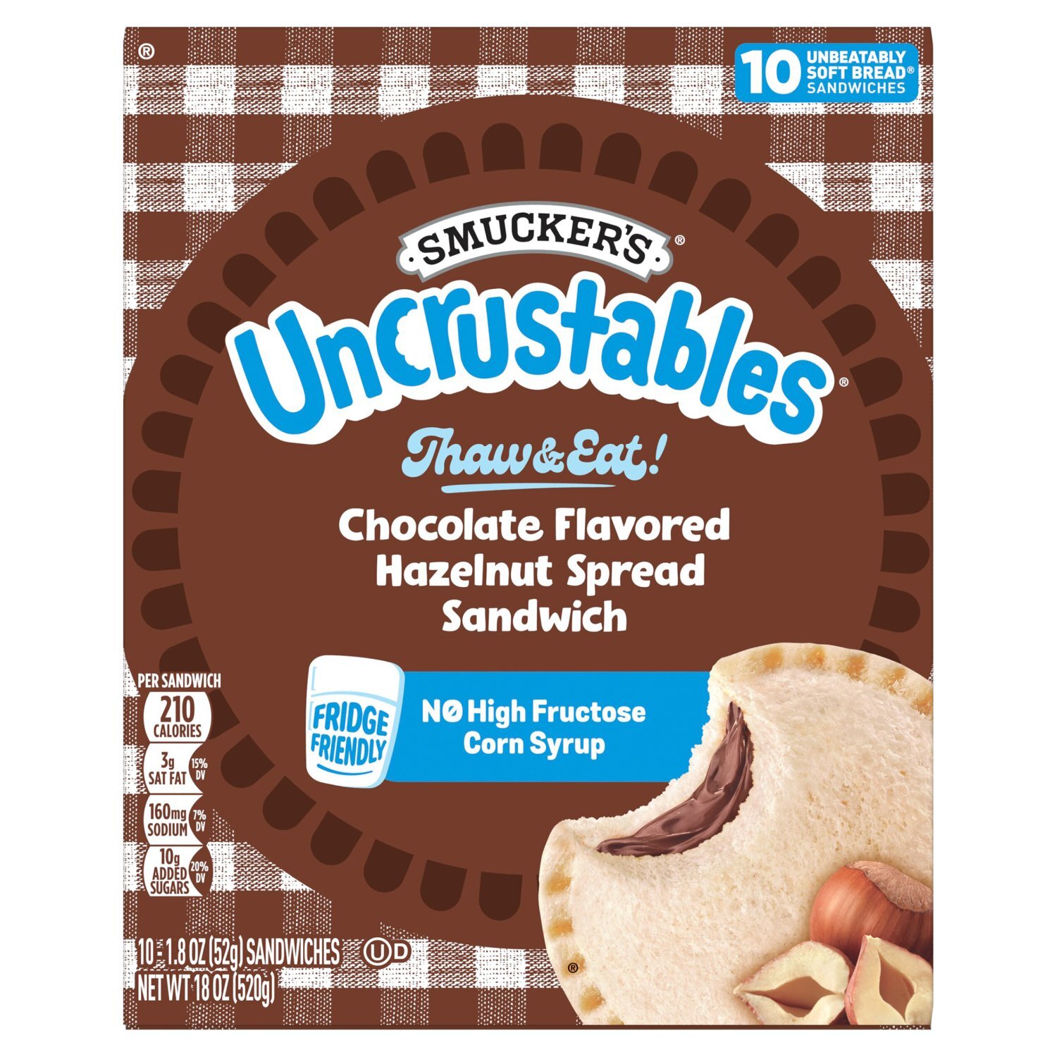 Smucker's Uncrustables Chocolate Flavored Hazelnut Spread Sandwich, 1.8 oz, 10 count Image 1 of 12