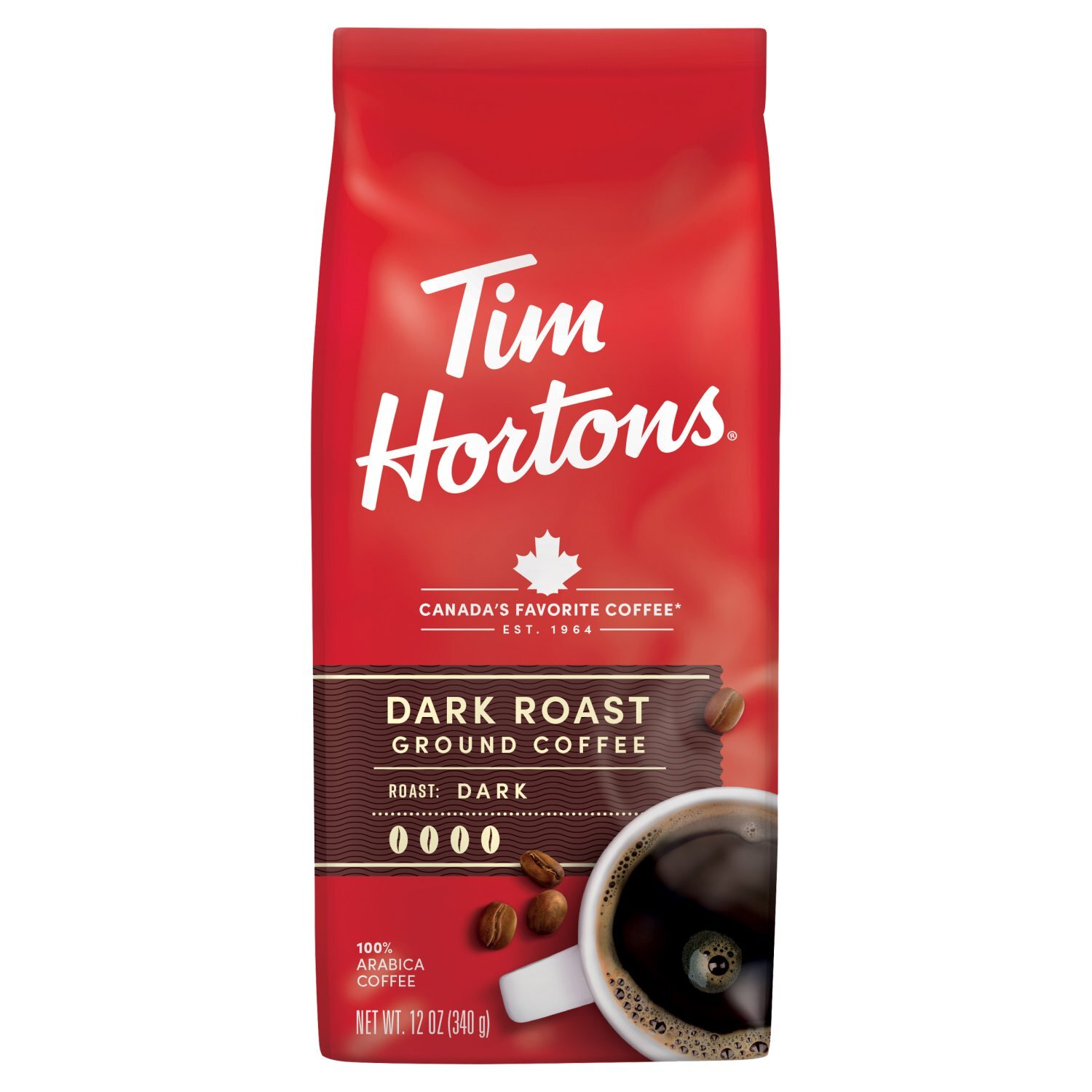 Tim Hortons Dark Roast Ground Coffee, 100% Arabica, 12oz Bag Image 1 of 5
