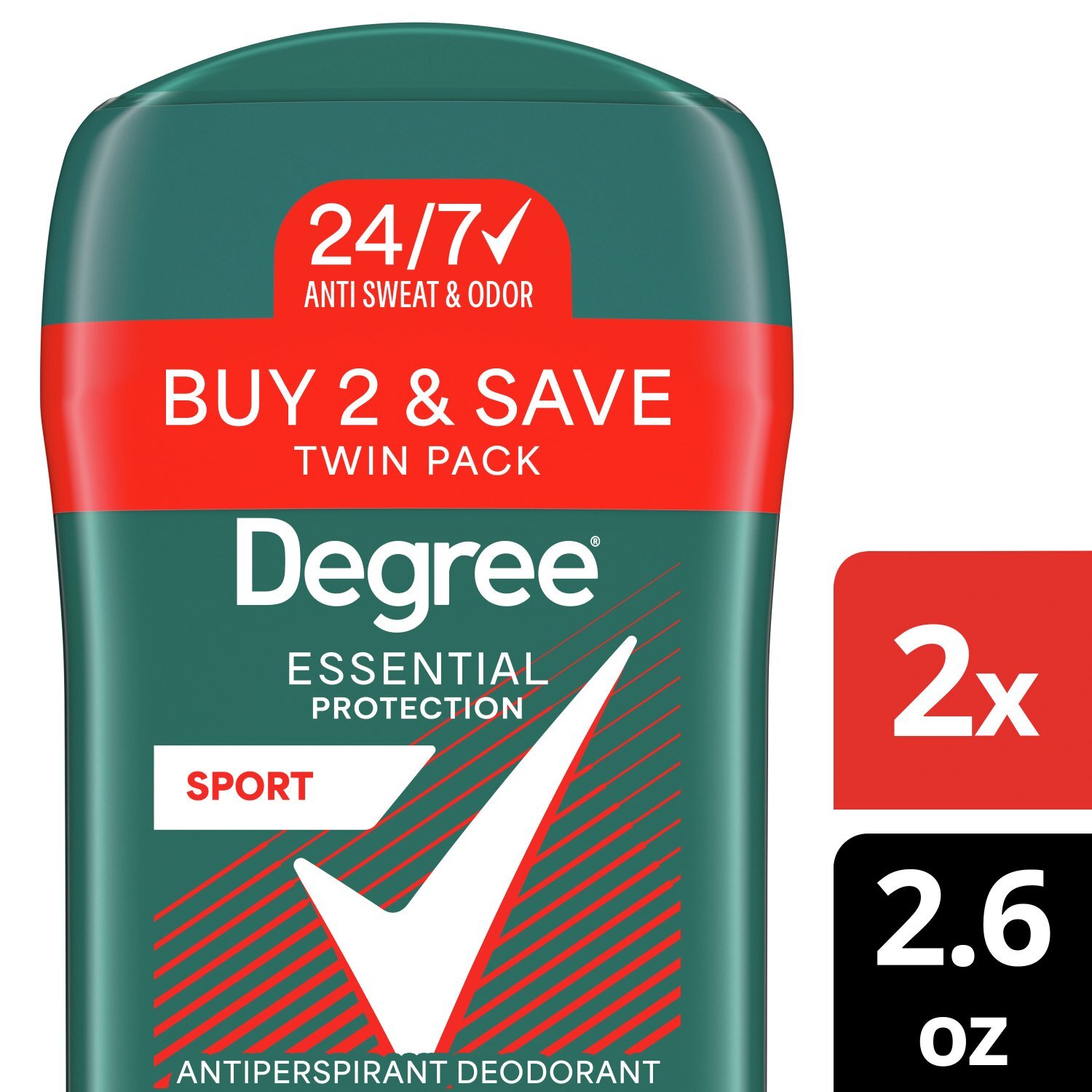 Degree Essential Protection Sport Antiperspirant Deodorant Twin Pack, 2.6 oz, 2 count Image 1 of 11
