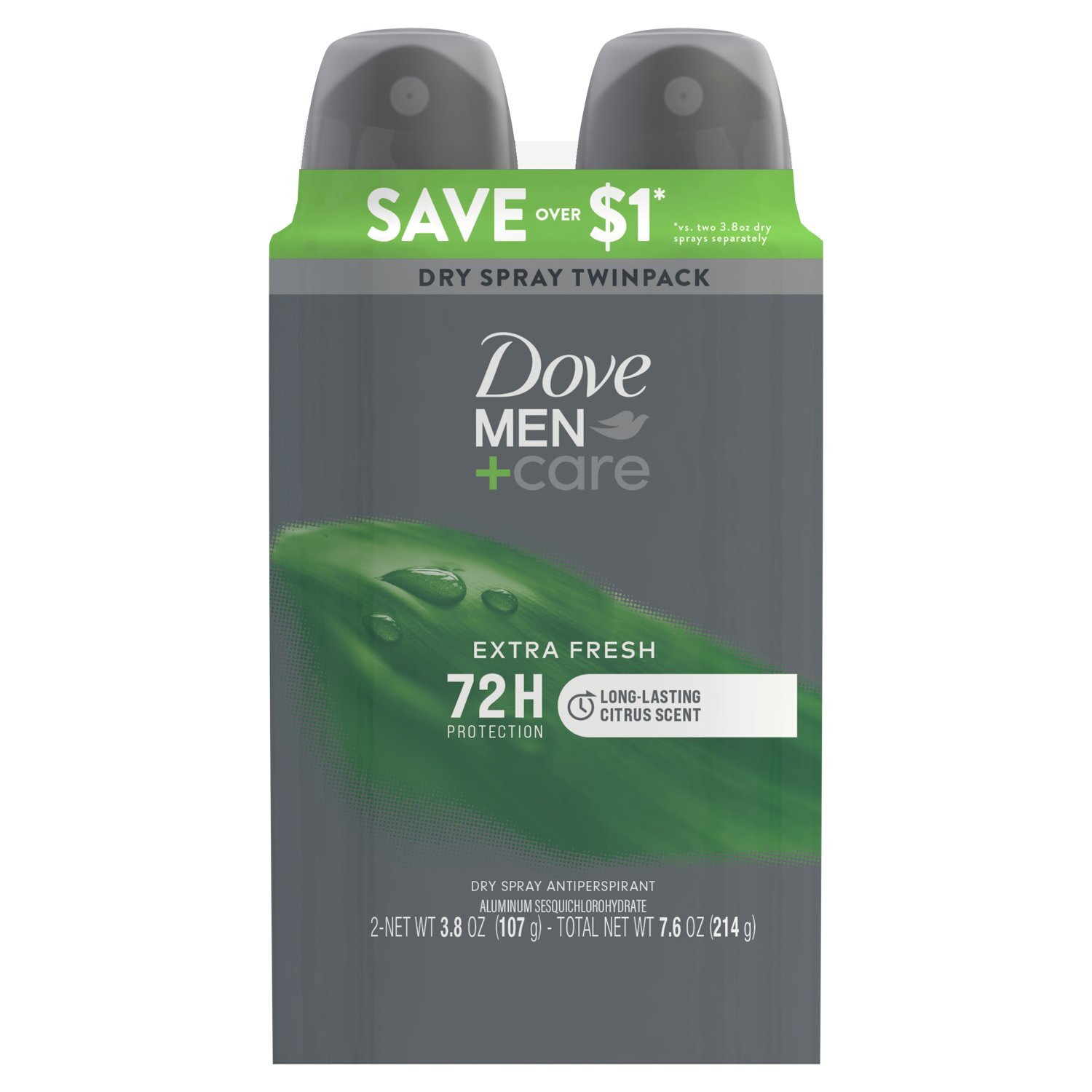 Dove Men+Care Extra Fresh Dry Spray Antiperspirant Twinpack, 3.8 oz, 2 count Image 1 of 9