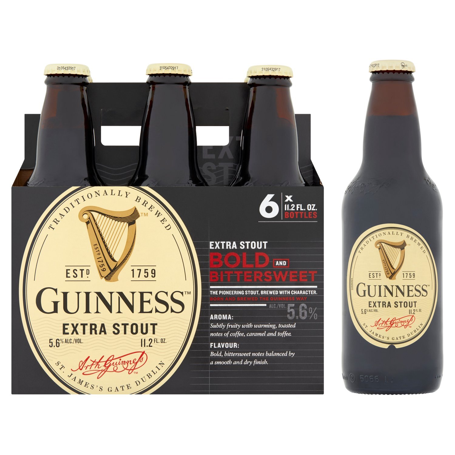 Guinness Extra Stout Bold and Bittersweet Beer, 6 count, 11.2 fl