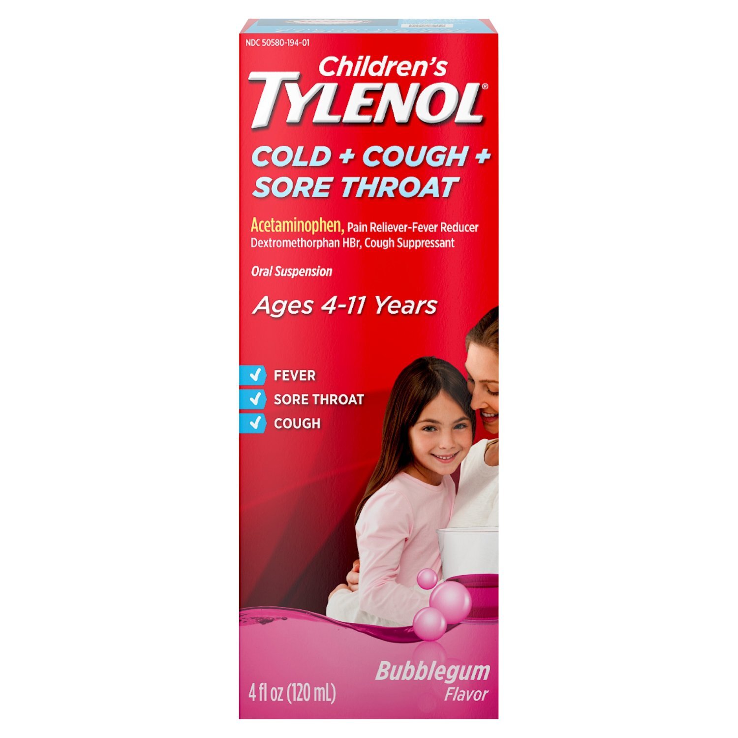 Children's Tylenol Cold + Cough + Sore Throat Medicine, Bubblegum, 4 fl oz Image 1 of 8