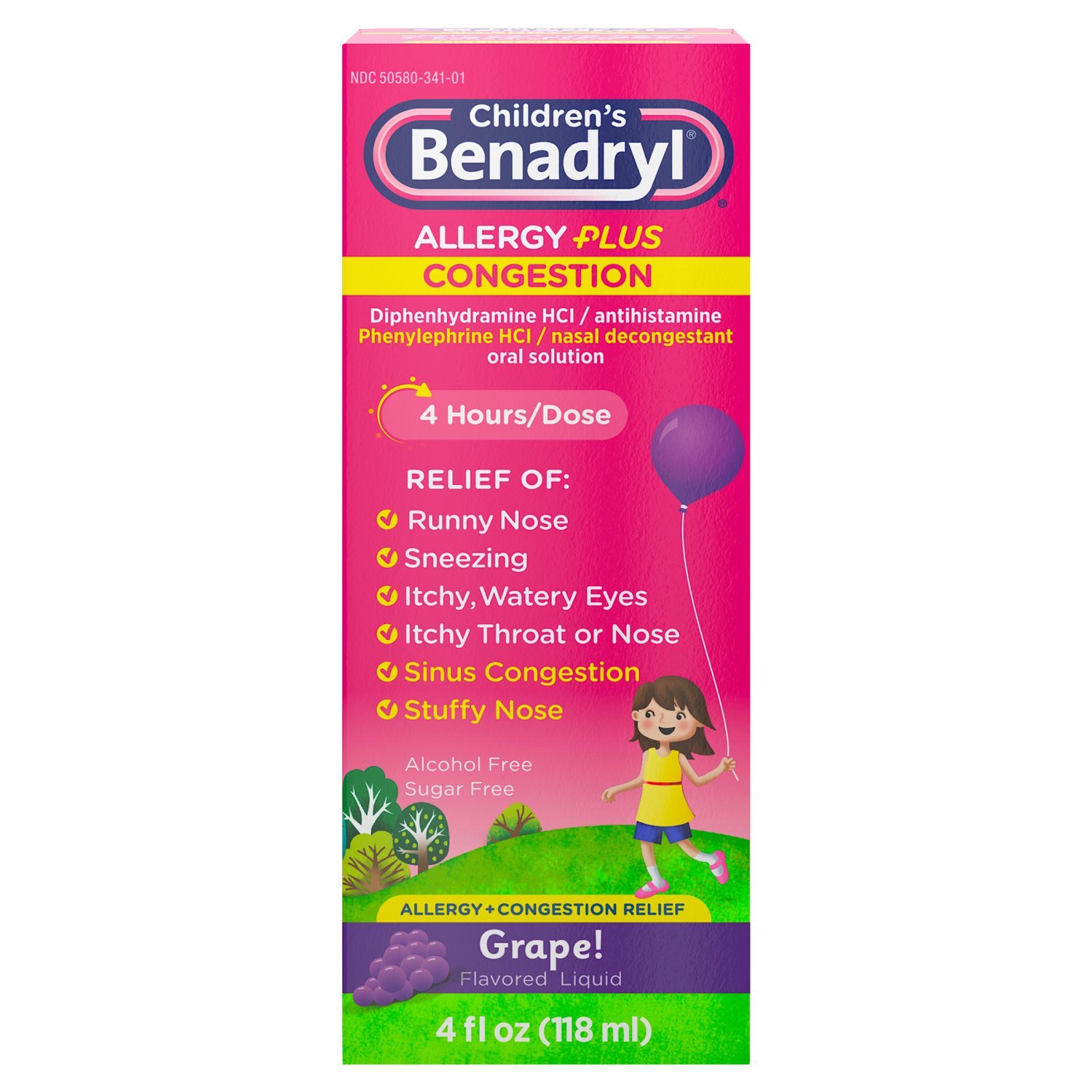 Benadryl Children's Grape! Flavored Allergy Plus Congestion Liquid, 4 fl oz Image 1 of 6