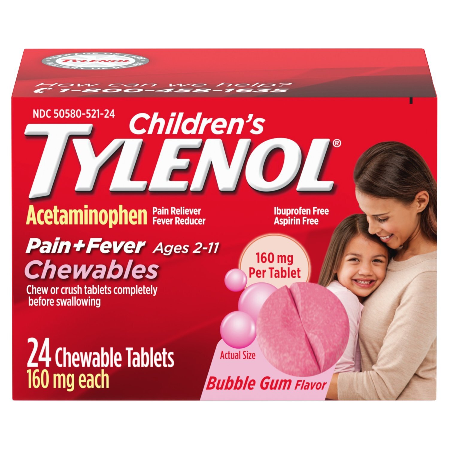 Children's Tylenol Pain + Fever Bubble Gum Flavor Chewable Tablets, Ages 2-11, 160 mg, 24 count Image 1 of 8