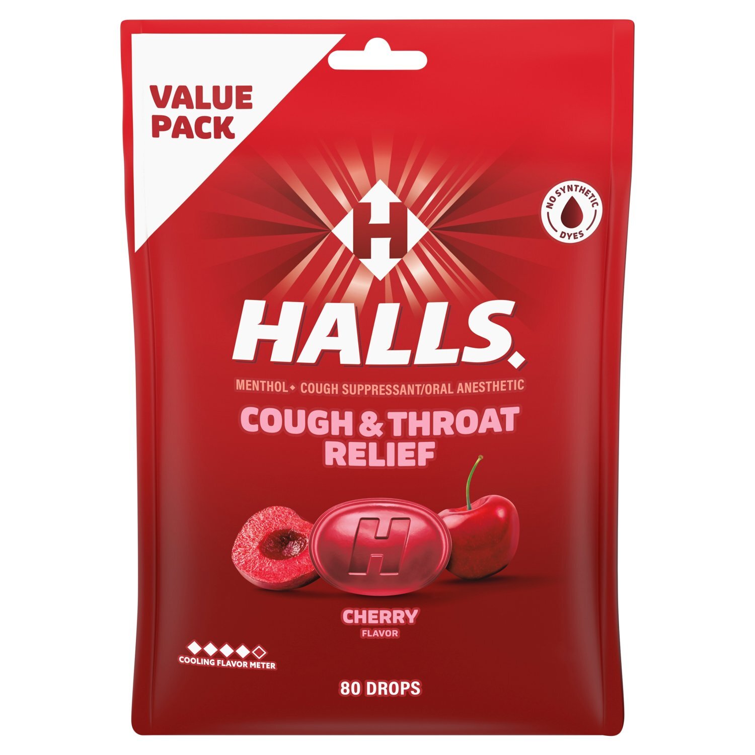 Halls Cherry Flavor Cough & Throat Relief Drops Value Pack, 80