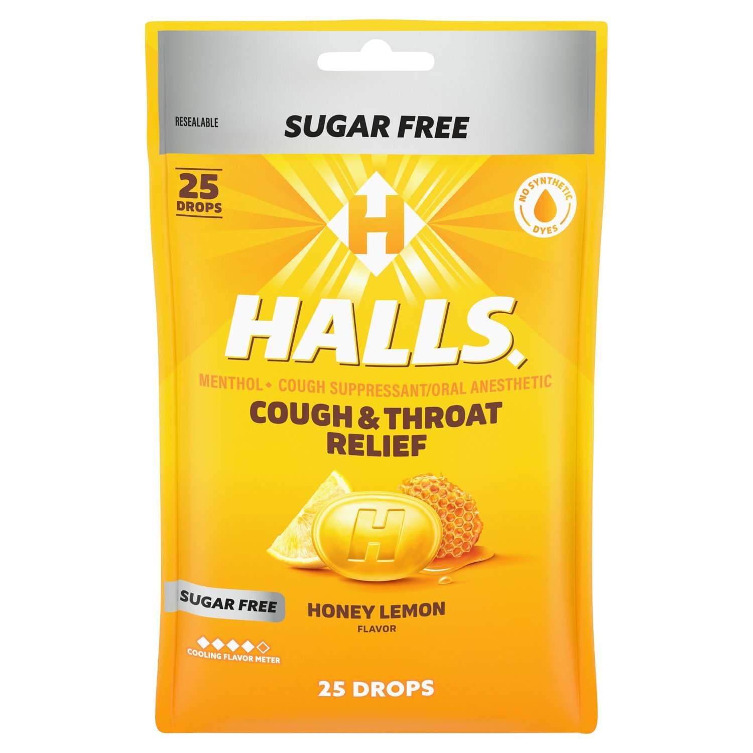 Halls Cough & Throat Relief Sugar Free Honey Lemon Flavor Menthol