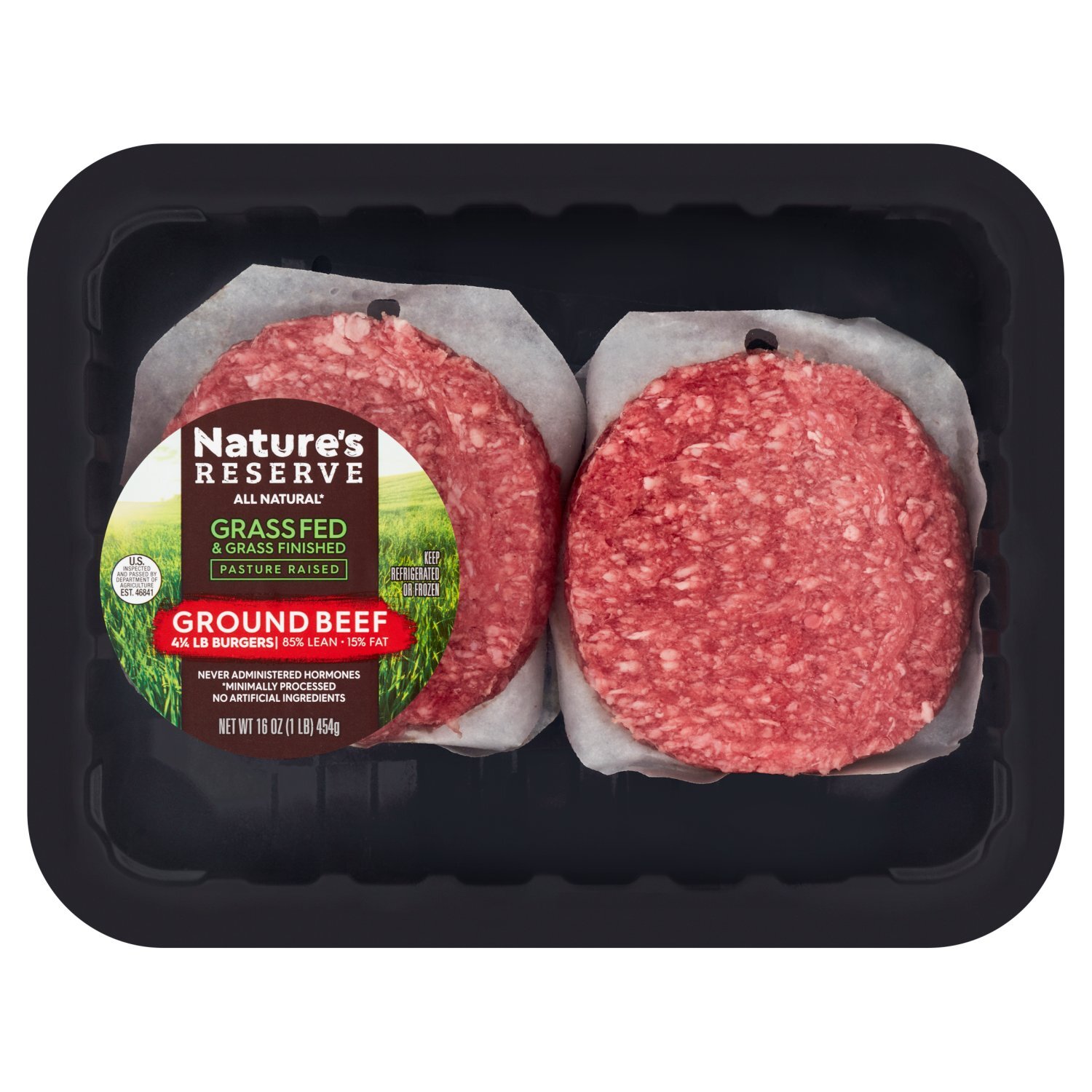 Nature's Reserve 85% Lean 15% Fat Ground Beef Burgers, 4 count, 16