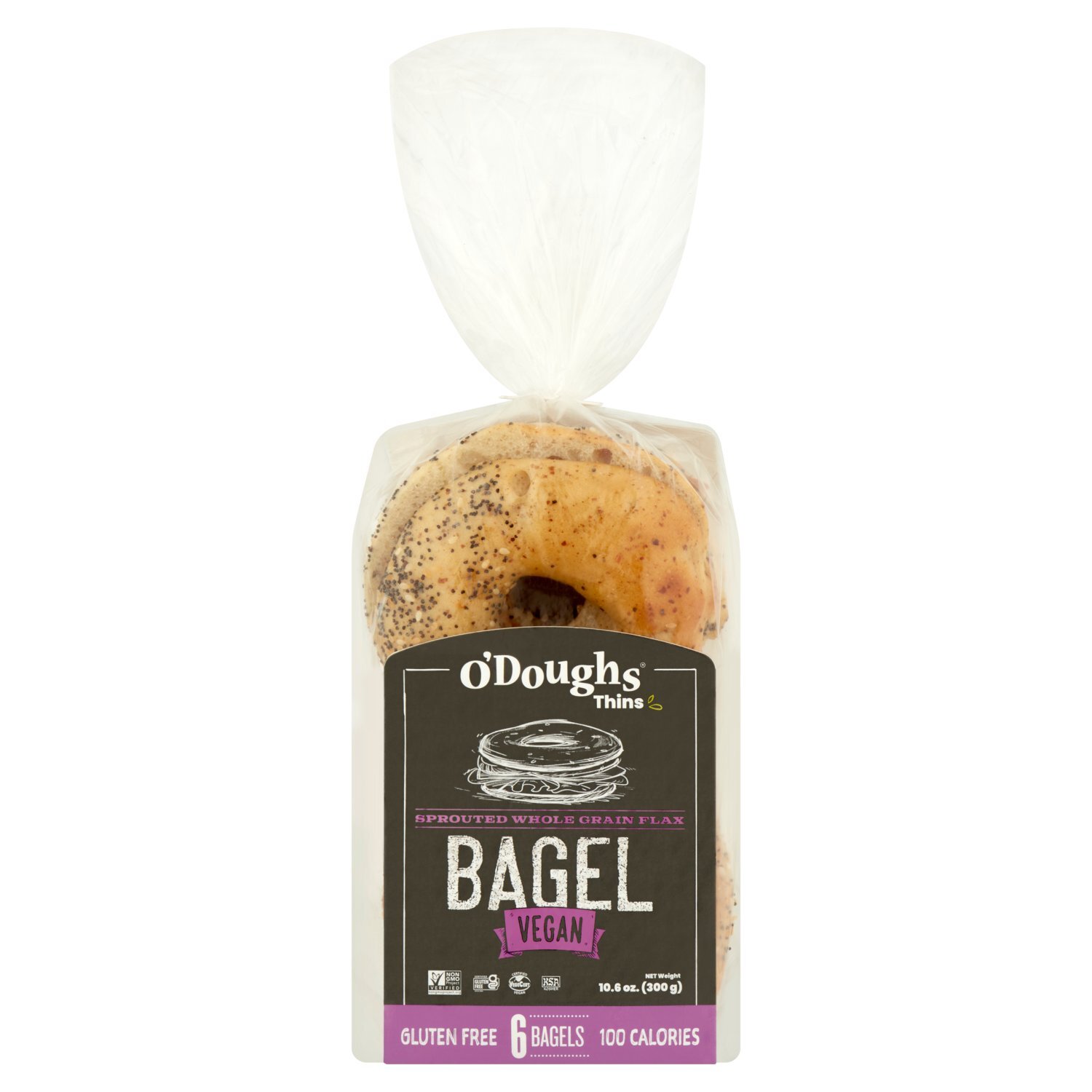 O'Doughs Thins Sprouted Whole Grain Flax Vegan Gluten Free Bagels, 6 count, 10.6 oz Image 1 of 6
