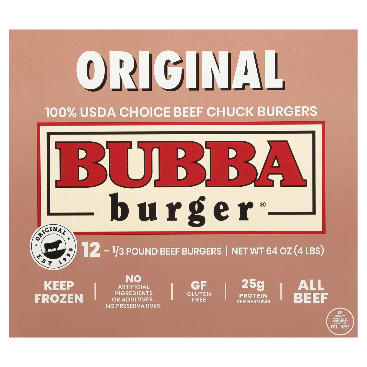 Bubba Burger Original 100% USDA Choice Beef Chuck Burgers, 1/3 pound, 12 count Image 1 of 9