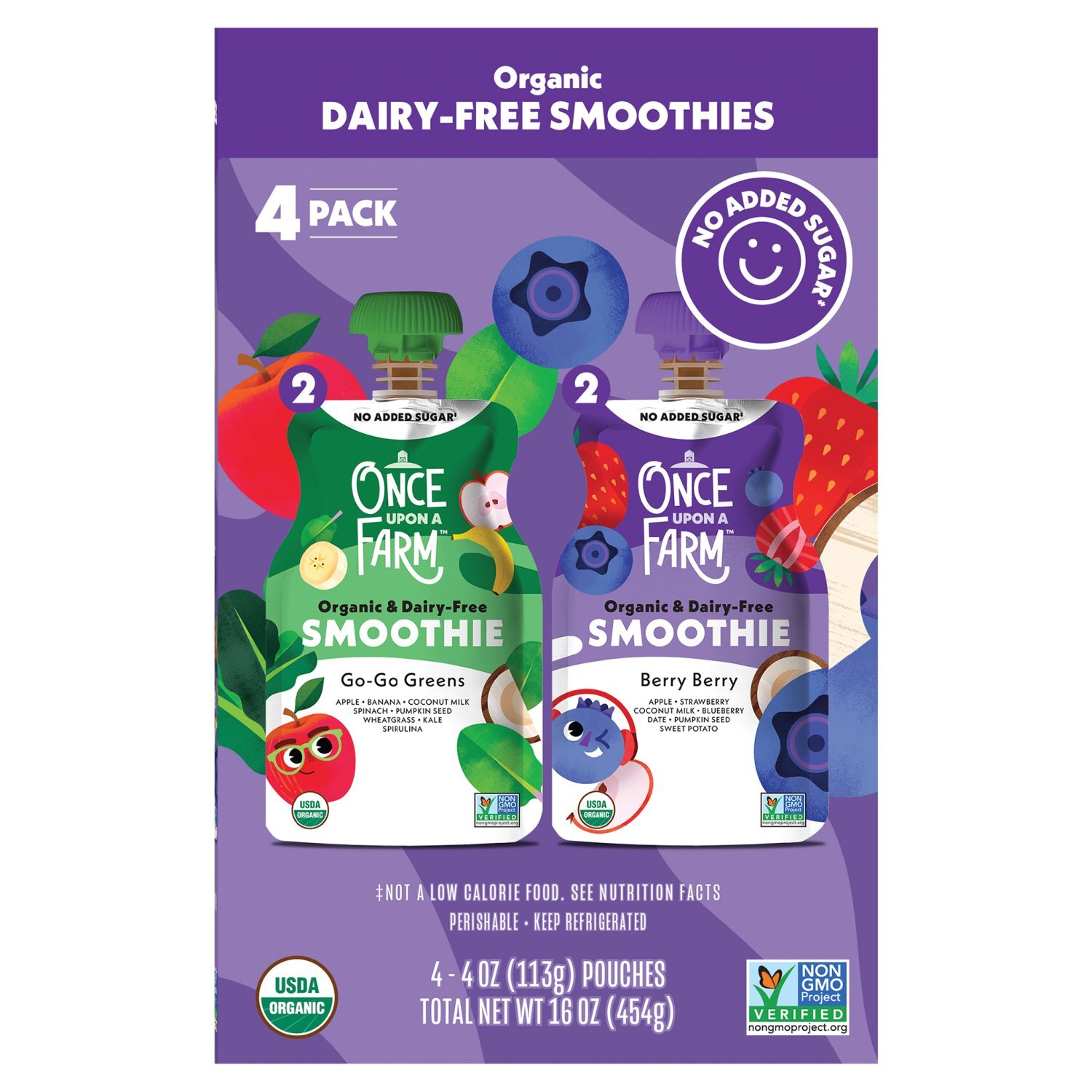 Once Upon a Farm Go-Go Greens and Berry Berry Organic Dairy-Free Smoothies, 4 oz, 4 count