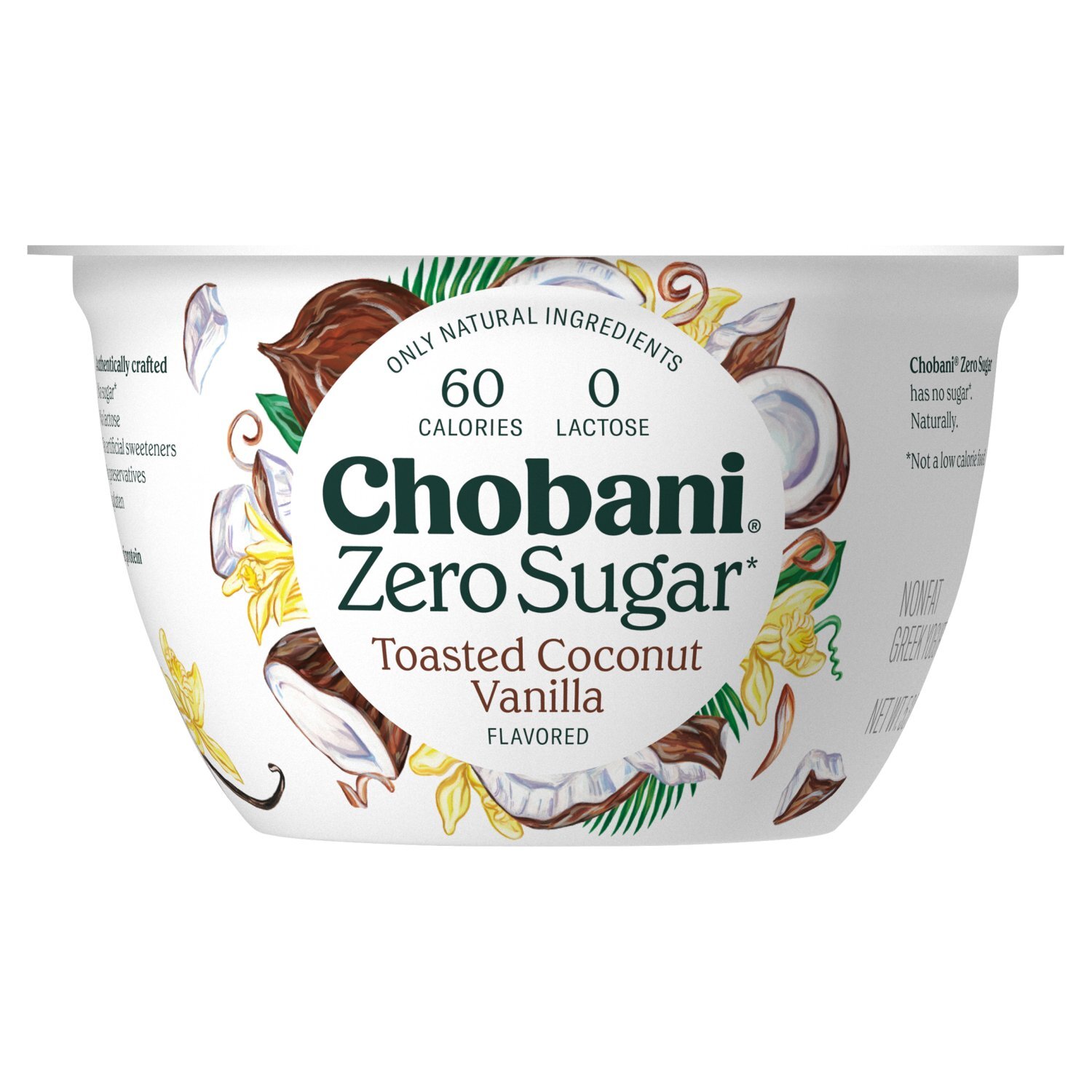 Chobani Zero Sugar Toasted Coconut Vanilla Flavored Nonfat Greek Yogurt, 5.3 oz Image 1 of 8