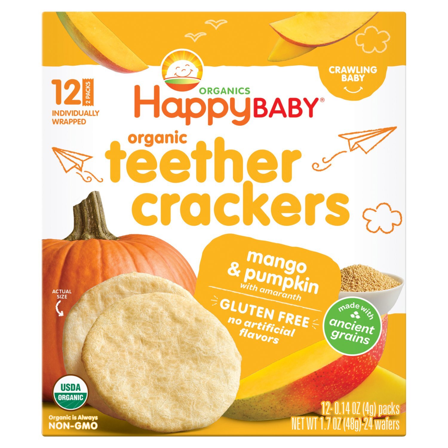 Happy Baby Organics Mango & Pumpkin Organic Teether Crackers, Crawling Baby, 0.14 oz, 12 count Image 1 of 7